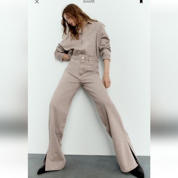 Zara LONG DENIM JUMPSUIT Taupe - Picture 10 of 11